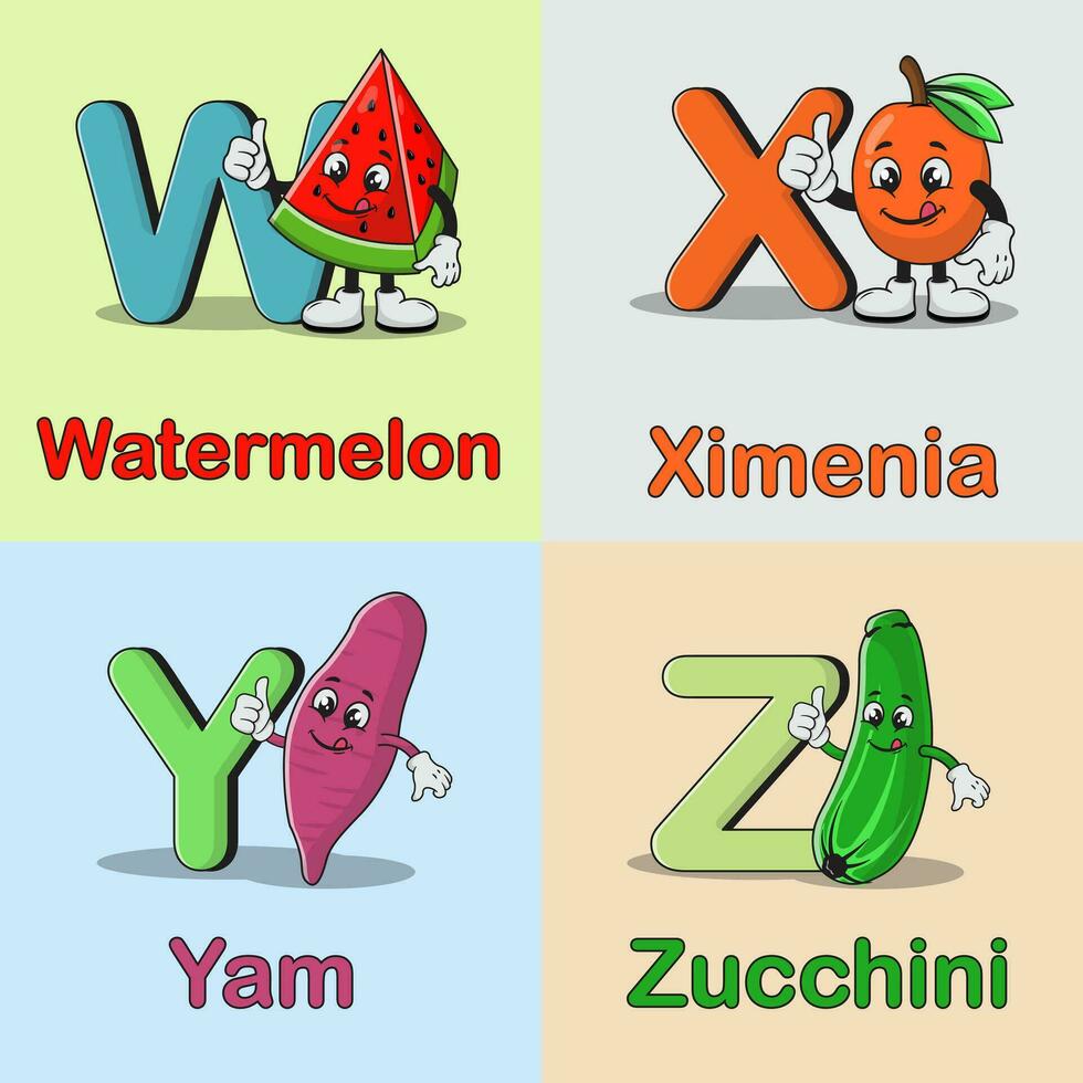 ensemble de des fruits et des légumes mascotte alphabet dessin animé vecteur icône illustration