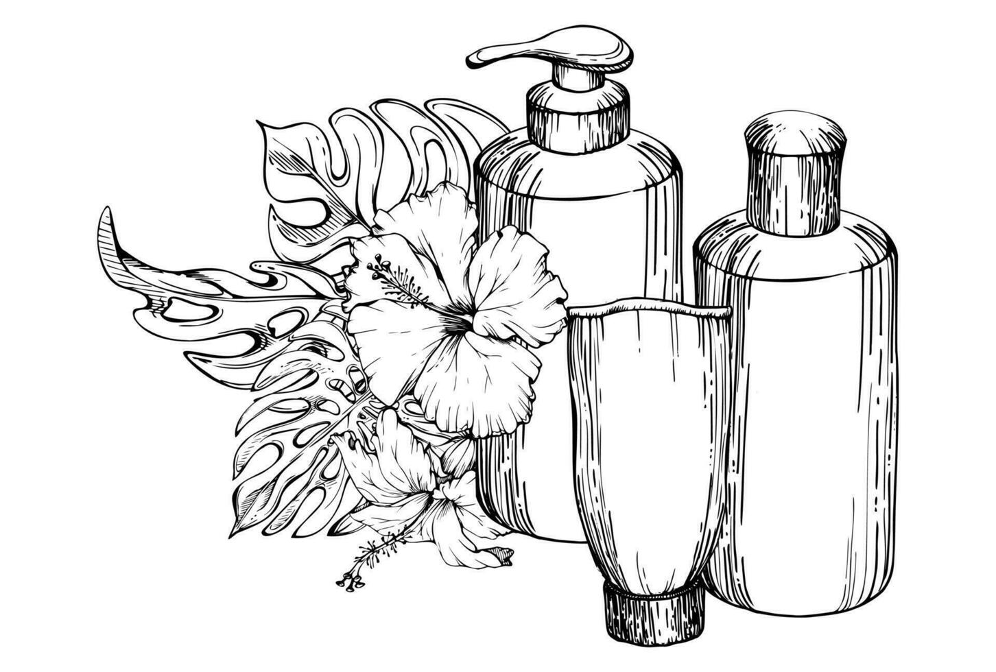 main tiré vecteur encre spa soin de la peau une baignoire beauté des produits paquet fleurs. horizontal composition isolé sur blanc Contexte. conception pour mur art, bien-être station balnéaire, imprimer, tissu, couverture, carte, brochure.