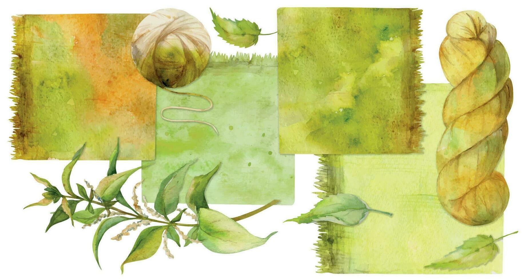 main tiré aquarelle ortie coloration Naturel plante colorant et matériaux pour passe-temps, Fait main tissu. illustration isolé composition, blanc Contexte. magasin logo, imprimer, site Internet, affaires carte, brochure vecteur