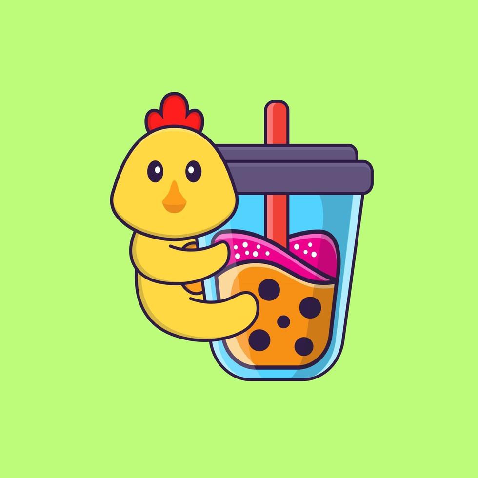 poulet mignon buvant du thé au lait boba. concept de dessin animé animal isolé. peut être utilisé pour un t-shirt, une carte de voeux, une carte d'invitation ou une mascotte. style cartoon plat vecteur