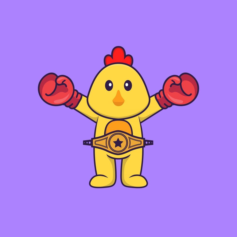 poulet mignon en costume de boxeur avec ceinture de champion. concept de dessin animé animal isolé. peut être utilisé pour un t-shirt, une carte de voeux, une carte d'invitation ou une mascotte. style cartoon plat vecteur