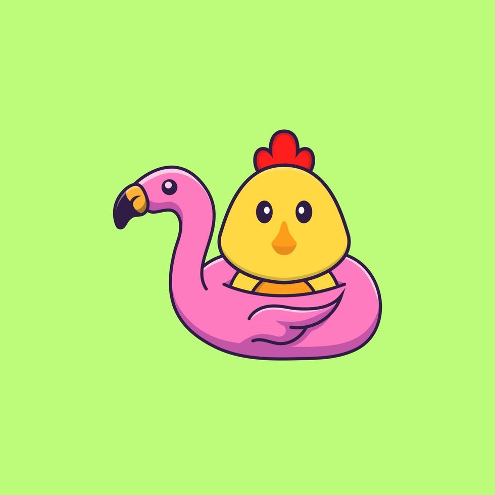 poulet mignon avec bouée flamant rose. concept de dessin animé animal isolé. peut être utilisé pour un t-shirt, une carte de voeux, une carte d'invitation ou une mascotte. style cartoon plat vecteur