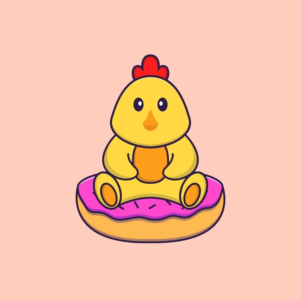 le poulet mignon est assis sur des beignets. concept de dessin animé animal isolé. peut être utilisé pour un t-shirt, une carte de voeux, une carte d'invitation ou une mascotte. style cartoon plat vecteur