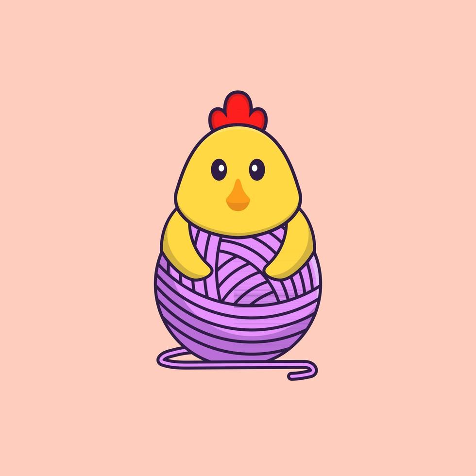 poulet mignon jouant avec du fil de laine. concept de dessin animé animal isolé. peut être utilisé pour un t-shirt, une carte de voeux, une carte d'invitation ou une mascotte. style cartoon plat vecteur