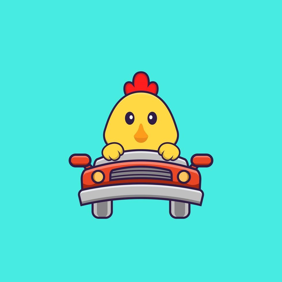 le poulet mignon conduit. concept de dessin animé animal isolé. peut être utilisé pour un t-shirt, une carte de voeux, une carte d'invitation ou une mascotte. style cartoon plat vecteur