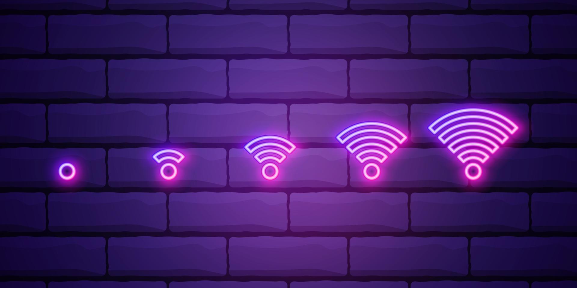 wi-fi néon sign.vector nuit lumineuse publicité. illustration vectorielle dans le style néon pour le café et la connexion. illustration vectorielle dans un style néon isolé sur mur de briques. vecteur