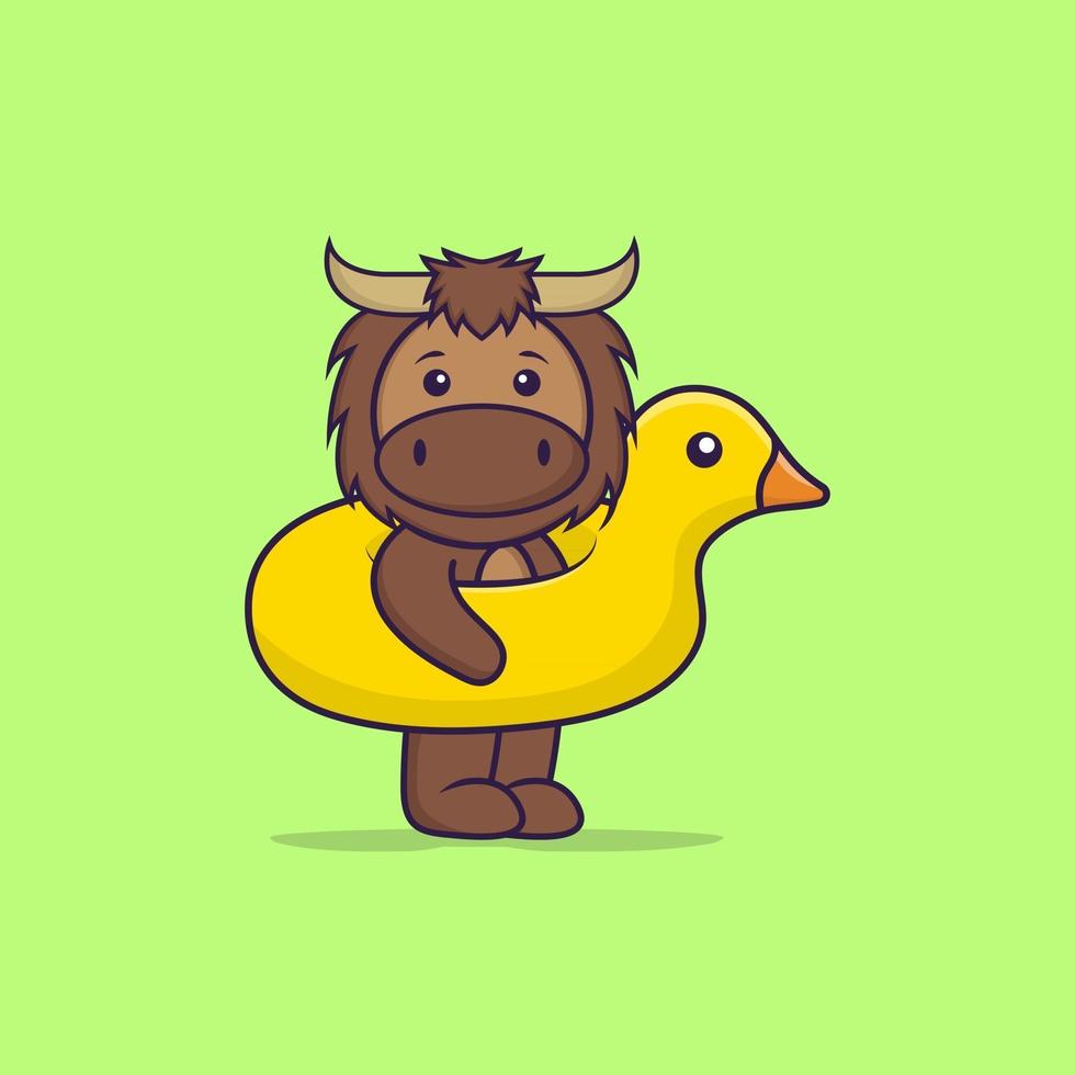 taureau mignon avec bouée de canard. concept de dessin animé animal isolé. peut être utilisé pour un t-shirt, une carte de voeux, une carte d'invitation ou une mascotte. style cartoon plat vecteur