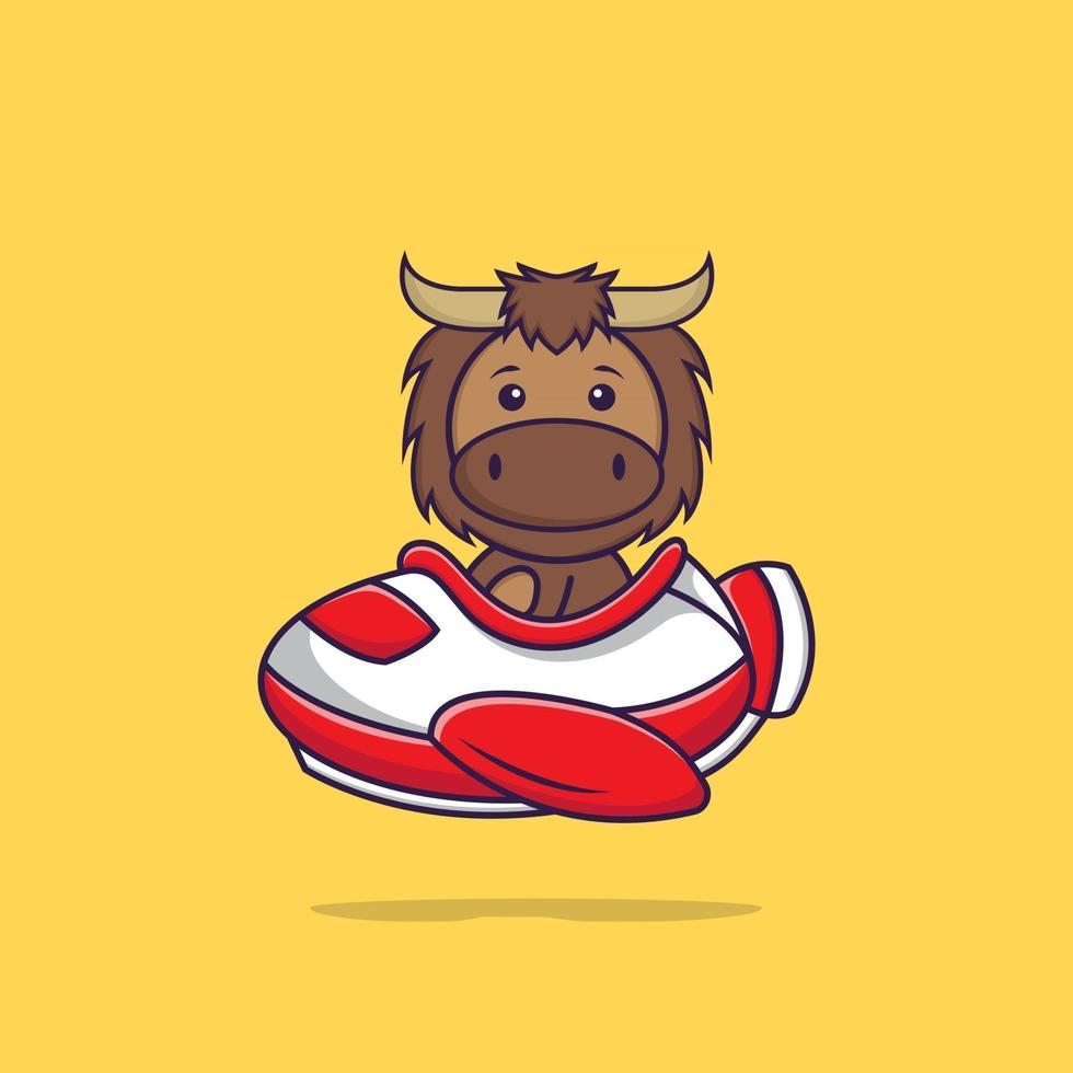 taureau mignon volant dans un avion. concept de dessin animé animal isolé. peut être utilisé pour un t-shirt, une carte de voeux, une carte d'invitation ou une mascotte. style cartoon plat vecteur