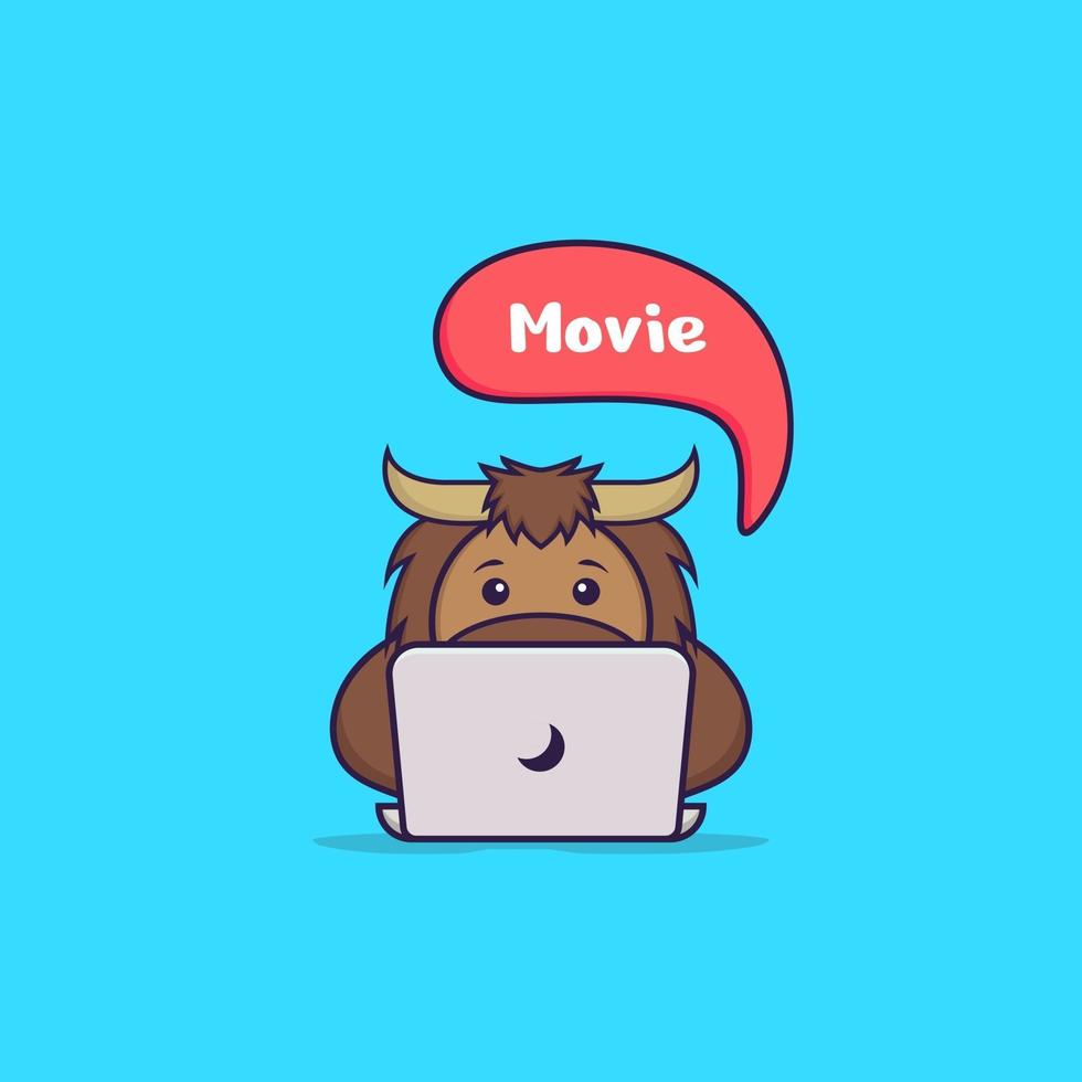 taureau mignon regarde un film. concept de dessin animé animal isolé. peut être utilisé pour un t-shirt, une carte de voeux, une carte d'invitation ou une mascotte. style cartoon plat vecteur