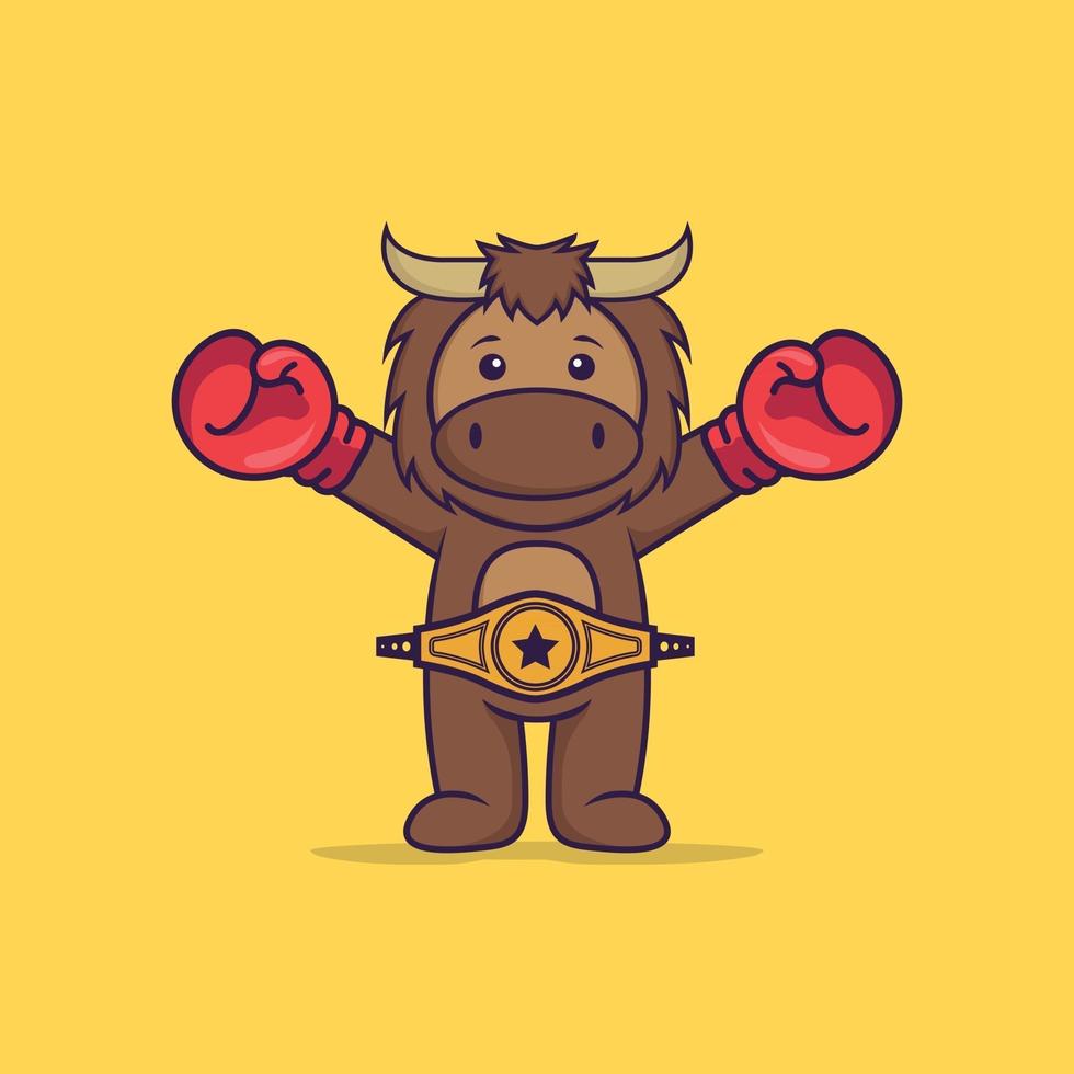 mignon taureau en costume de boxeur avec ceinture de champion. concept de dessin animé animal isolé. peut être utilisé pour un t-shirt, une carte de voeux, une carte d'invitation ou une mascotte. style cartoon plat vecteur