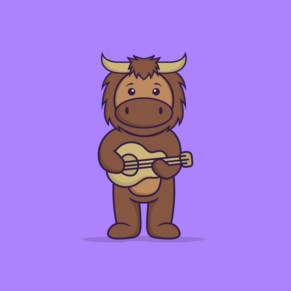 taureau mignon jouant de la guitare. concept de dessin animé animal isolé. peut être utilisé pour un t-shirt, une carte de voeux, une carte d'invitation ou une mascotte. style cartoon plat vecteur