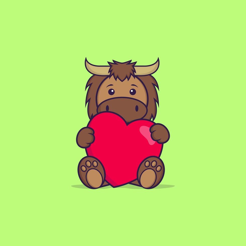 taureau mignon tenant un gros coeur rouge. concept de dessin animé animal isolé. peut être utilisé pour un t-shirt, une carte de voeux, une carte d'invitation ou une mascotte. style cartoon plat vecteur