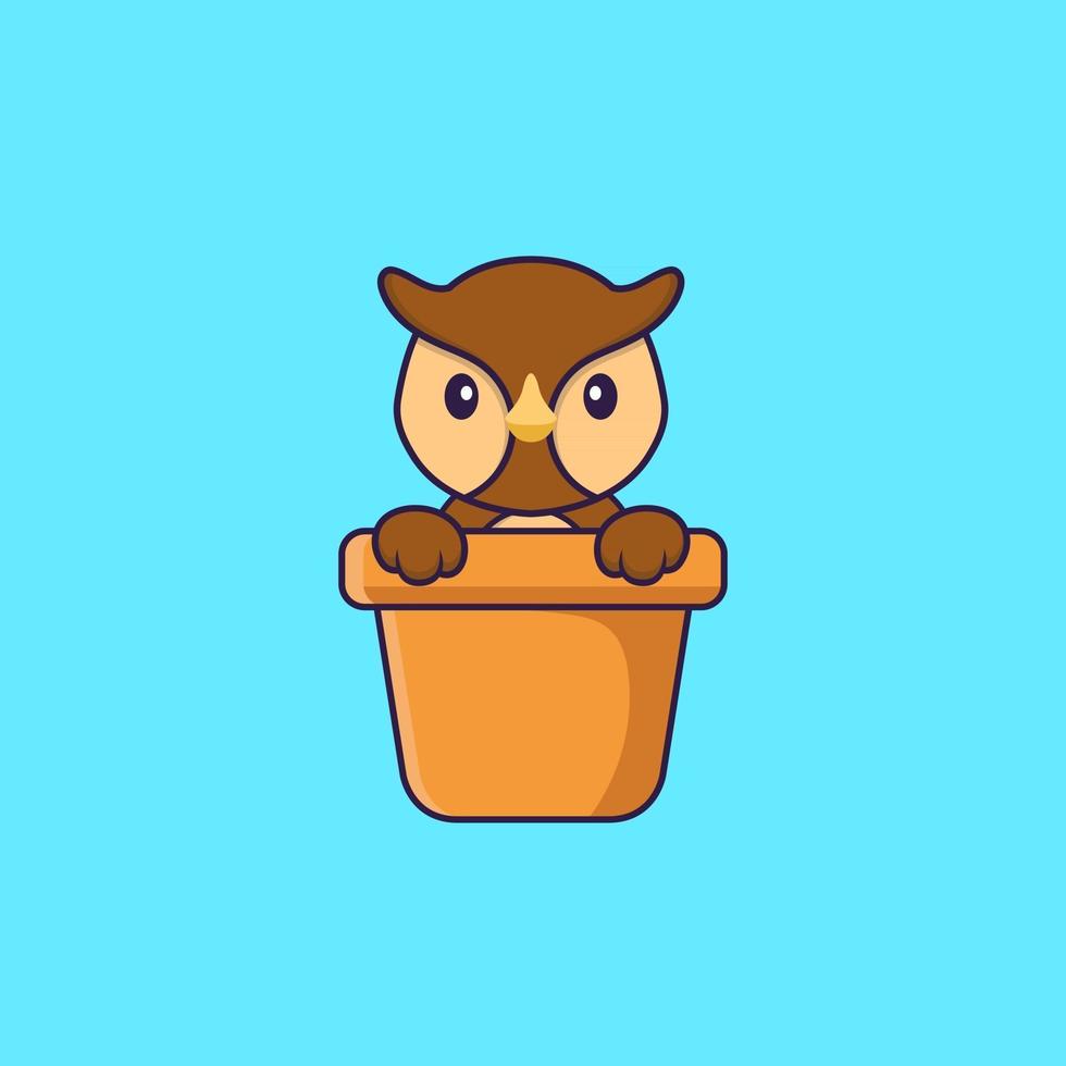 chouette mignonne dans un vase à fleurs. concept de dessin animé animal isolé. peut être utilisé pour un t-shirt, une carte de voeux, une carte d'invitation ou une mascotte. style cartoon plat vecteur