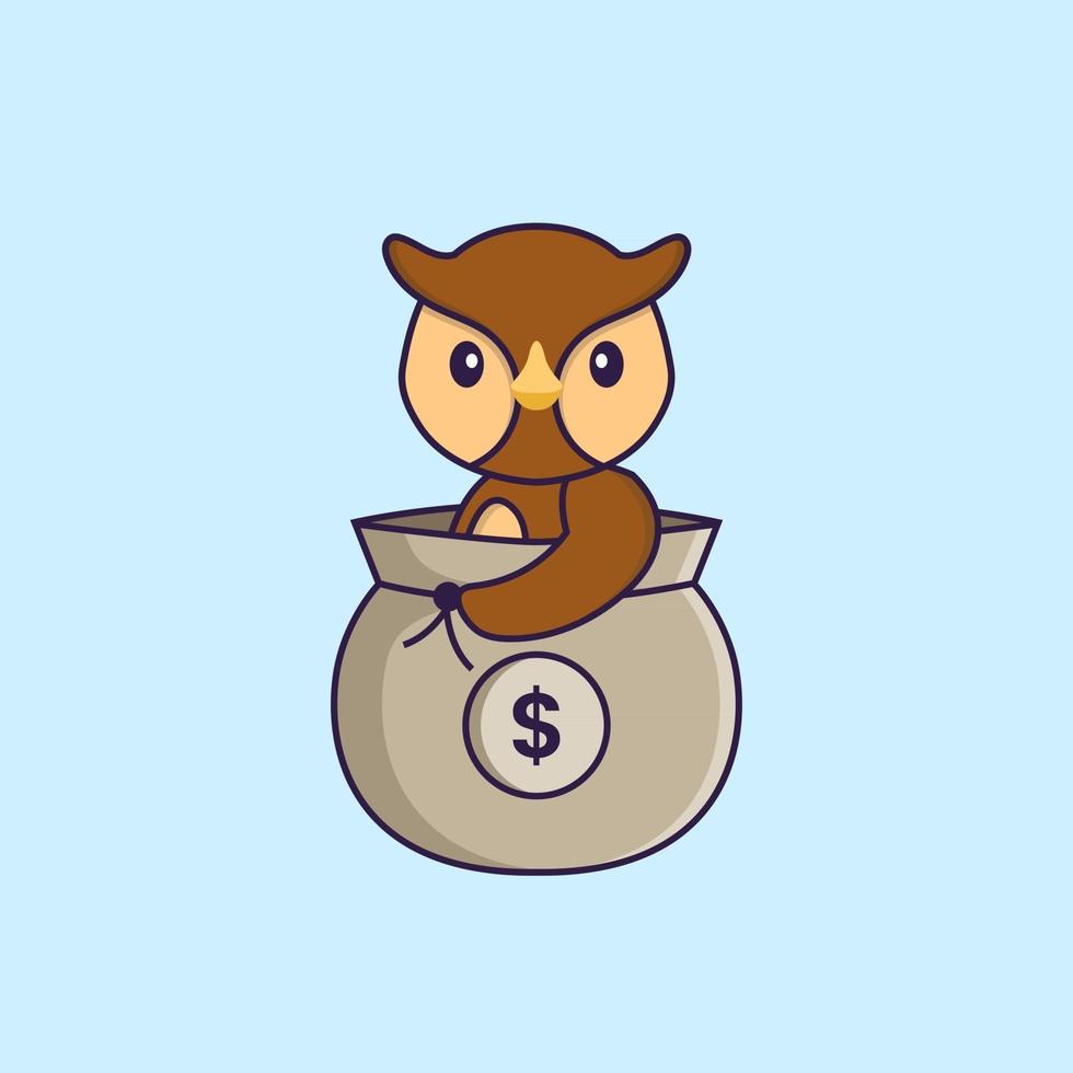 hibou mignon dans un sac d'argent. concept de dessin animé animal isolé. peut être utilisé pour un t-shirt, une carte de voeux, une carte d'invitation ou une mascotte. style cartoon plat vecteur