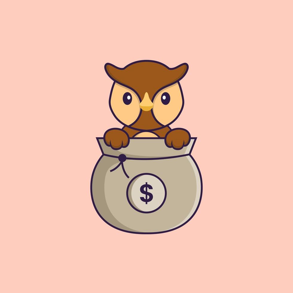 hibou mignon jouant dans un sac d'argent. concept de dessin animé animal isolé. peut être utilisé pour un t-shirt, une carte de voeux, une carte d'invitation ou une mascotte. style cartoon plat vecteur