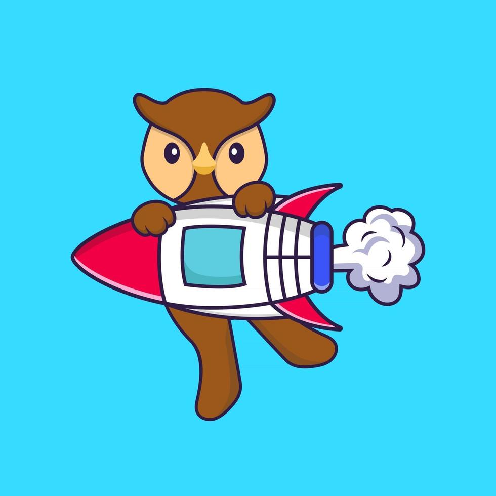 hibou mignon volant sur fusée. concept de dessin animé animal isolé. peut être utilisé pour un t-shirt, une carte de voeux, une carte d'invitation ou une mascotte. style cartoon plat vecteur