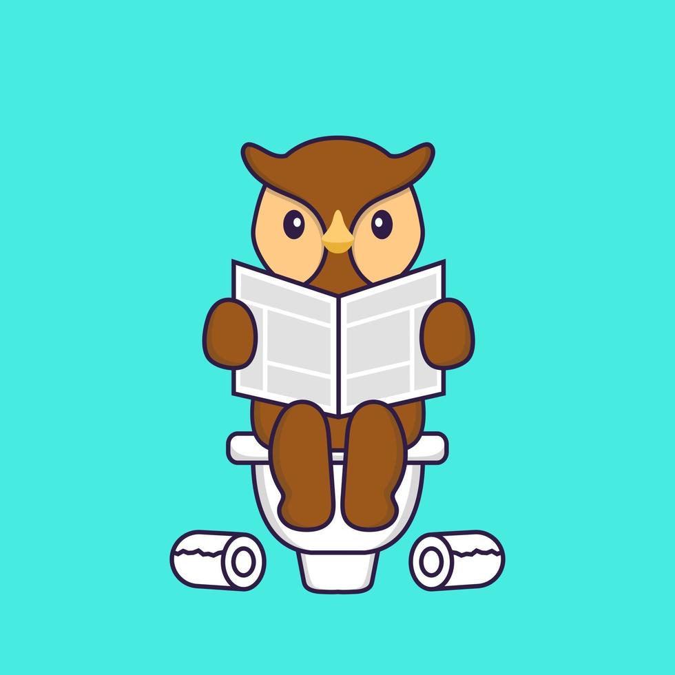 chouette mignonne qui fait caca sur les toilettes et lit le journal. concept de dessin animé animal isolé. peut être utilisé pour un t-shirt, une carte de voeux, une carte d'invitation ou une mascotte. style cartoon plat vecteur