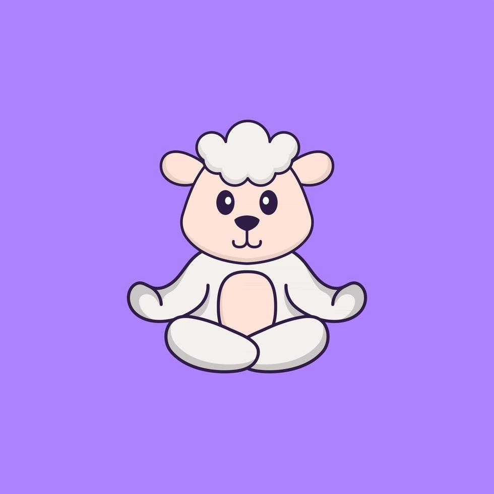 le mouton mignon médite ou fait du yoga. concept de dessin animé animal isolé. peut être utilisé pour un t-shirt, une carte de voeux, une carte d'invitation ou une mascotte. style cartoon plat vecteur