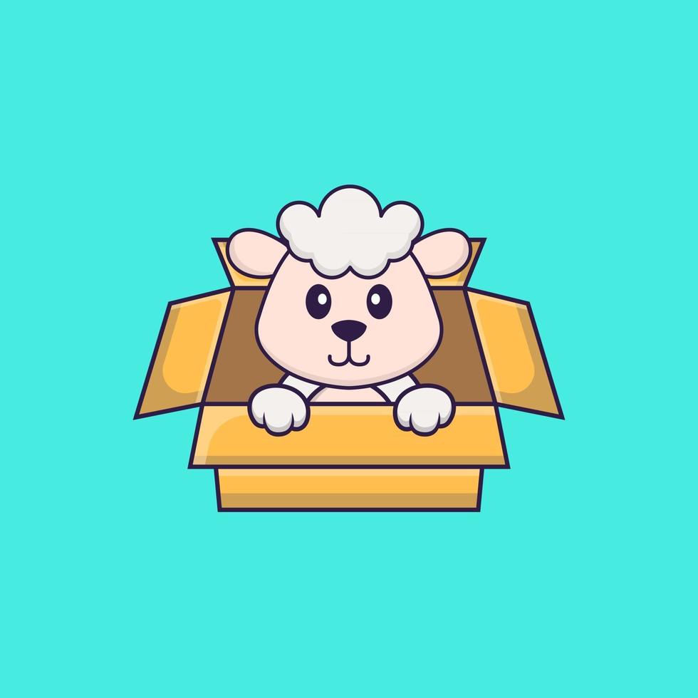 mouton mignon jouant dans la boîte. concept de dessin animé animal isolé. peut être utilisé pour un t-shirt, une carte de voeux, une carte d'invitation ou une mascotte. style cartoon plat vecteur