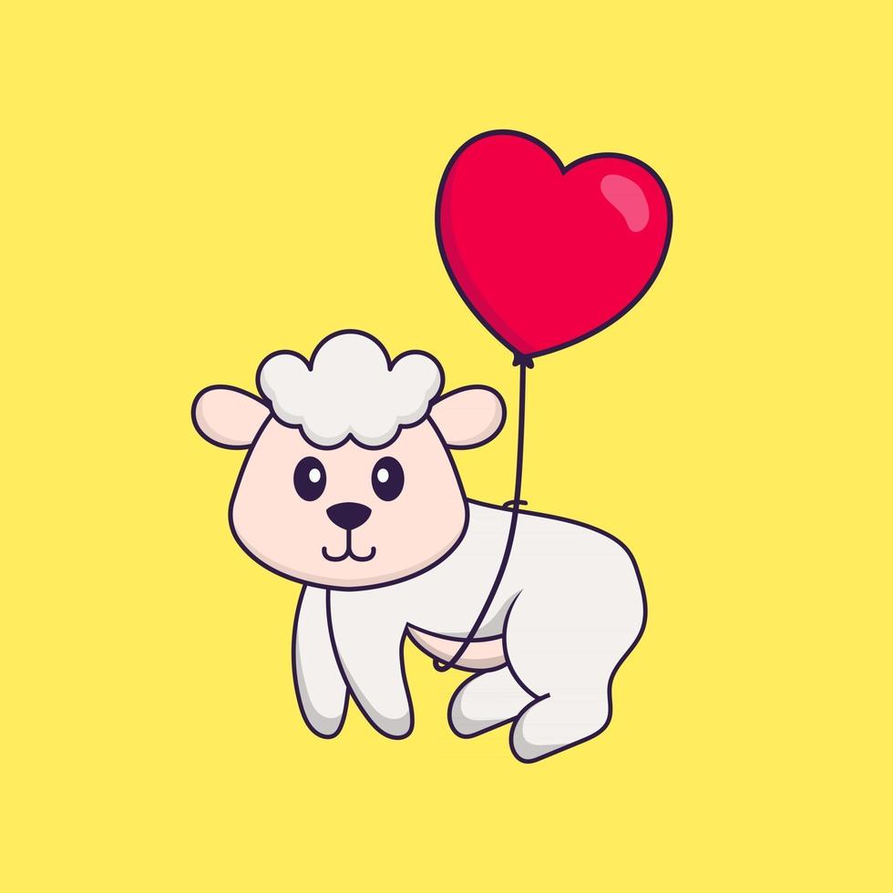 moutons mignons volant avec des ballons en forme d'amour. concept de dessin animé animal isolé. peut être utilisé pour un t-shirt, une carte de voeux, une carte d'invitation ou une mascotte. style cartoon plat vecteur