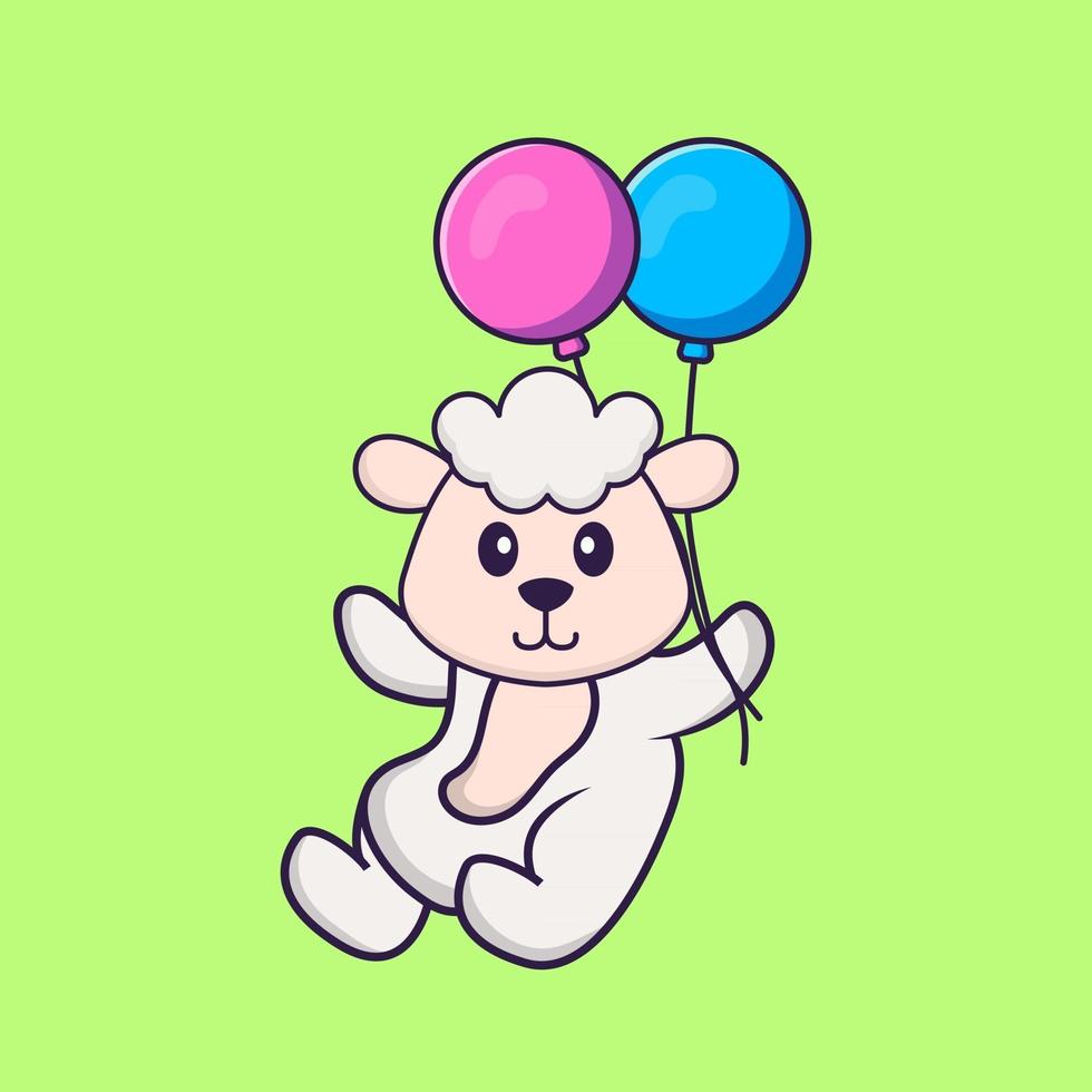 moutons mignons volant avec deux ballons. concept de dessin animé animal isolé. peut être utilisé pour un t-shirt, une carte de voeux, une carte d'invitation ou une mascotte. style cartoon plat vecteur