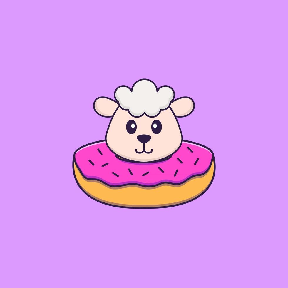 mouton mignon avec un beignet sur son cou. concept de dessin animé animal isolé. peut être utilisé pour un t-shirt, une carte de voeux, une carte d'invitation ou une mascotte. style cartoon plat vecteur