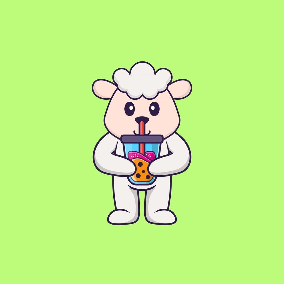 mouton mignon buvant du thé au lait boba. concept de dessin animé animal isolé. peut être utilisé pour un t-shirt, une carte de voeux, une carte d'invitation ou une mascotte. style cartoon plat vecteur