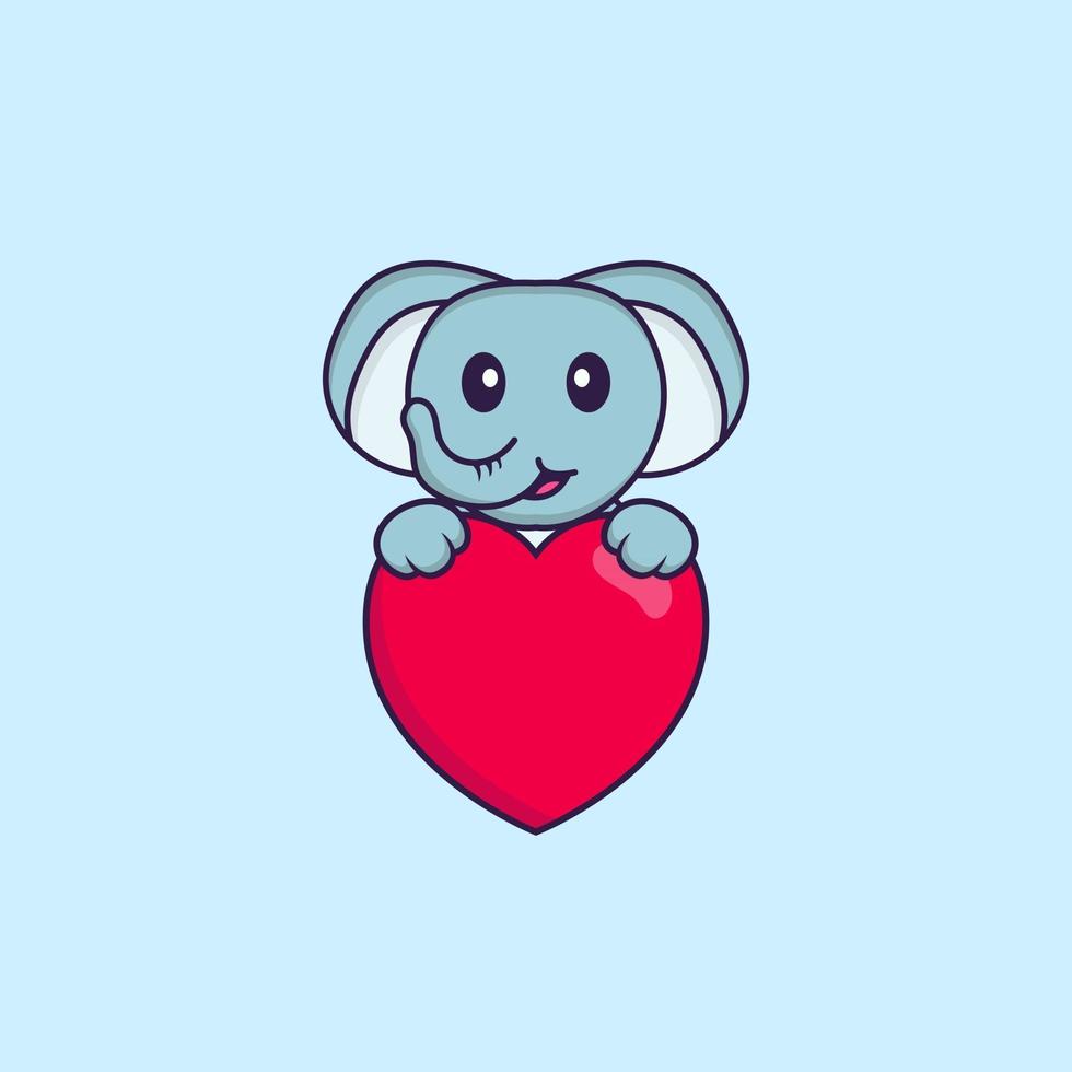 éléphant mignon tenant un gros coeur rouge. concept de dessin animé animal isolé. peut être utilisé pour un t-shirt, une carte de voeux, une carte d'invitation ou une mascotte. style cartoon plat vecteur