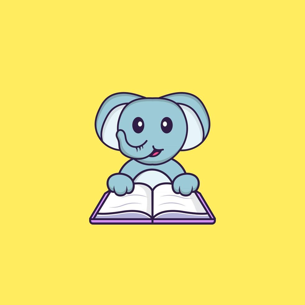 éléphant mignon lisant un livre. concept de dessin animé animal isolé. peut être utilisé pour un t-shirt, une carte de voeux, une carte d'invitation ou une mascotte. style cartoon plat vecteur