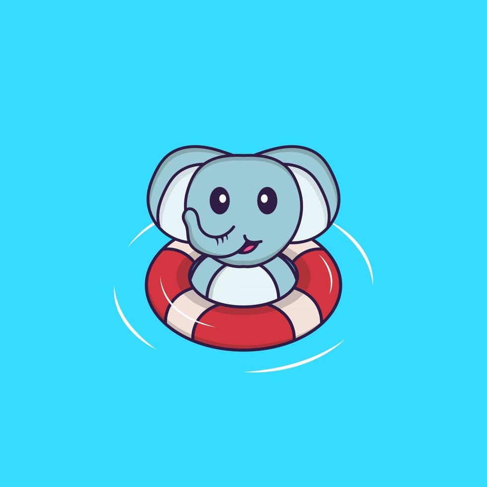 l'éléphant mignon nage avec une bouée. concept de dessin animé animal isolé. peut être utilisé pour un t-shirt, une carte de voeux, une carte d'invitation ou une mascotte. style cartoon plat vecteur