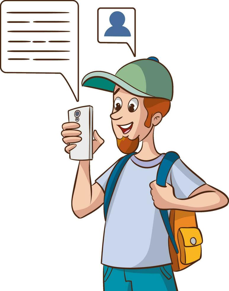 un jeune homme heureux utilise des SMS de téléphone portable moderne en ligne. un gars souriant regarde l'écran du smartphone en envoyant un e-mail ou un message sur internet. illustration vectorielle. vecteur