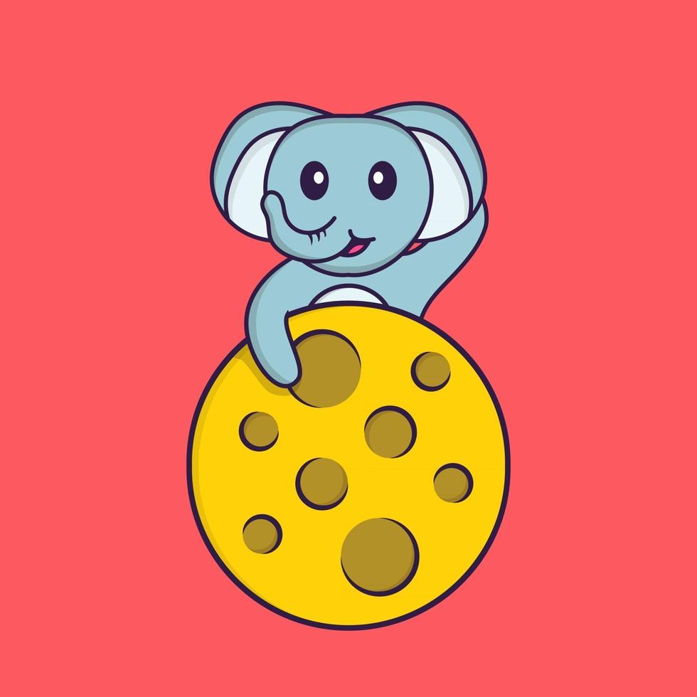 l'éléphant mignon est sur la lune. concept de dessin animé animal isolé. peut être utilisé pour un t-shirt, une carte de voeux, une carte d'invitation ou une mascotte. style cartoon plat vecteur