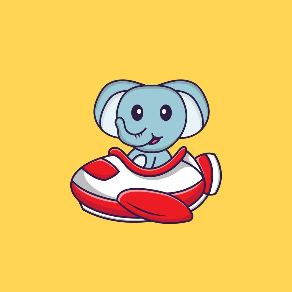 éléphant mignon volant dans un avion. concept de dessin animé animal isolé. peut être utilisé pour un t-shirt, une carte de voeux, une carte d'invitation ou une mascotte. style cartoon plat vecteur