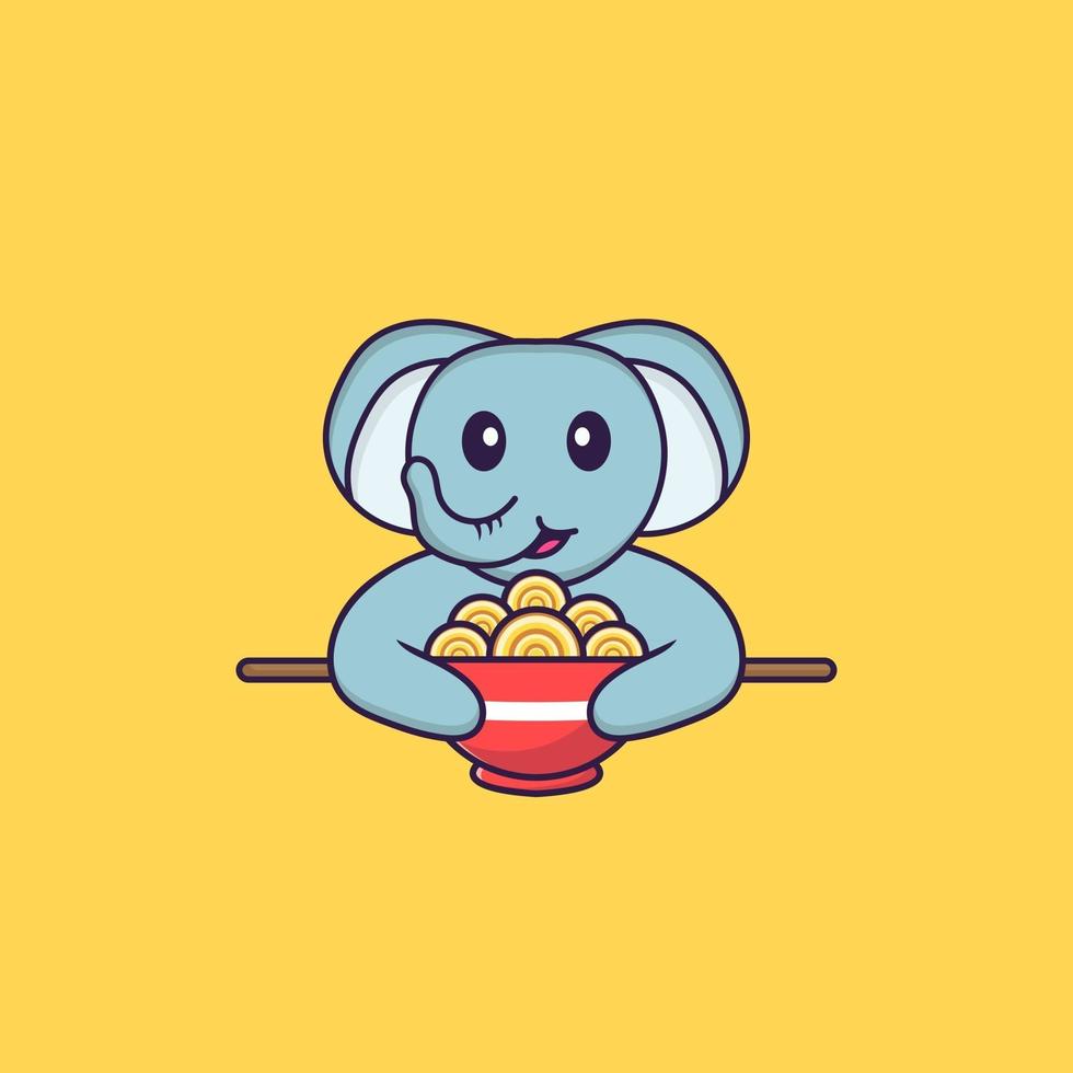 éléphant mignon mangeant des nouilles ramen. concept de dessin animé animal isolé. peut être utilisé pour un t-shirt, une carte de voeux, une carte d'invitation ou une mascotte. style cartoon plat vecteur