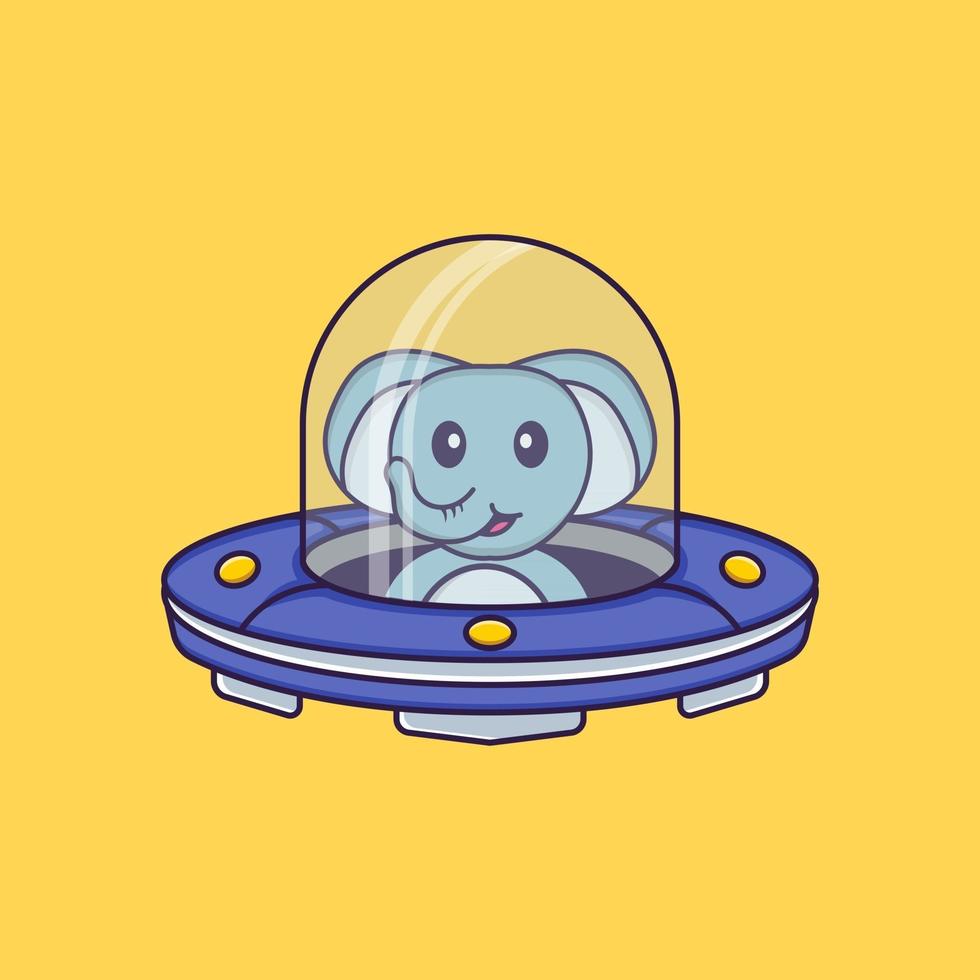 ufo de vaisseau spatial de conduite d'éléphant mignon. concept de dessin animé animal isolé. peut être utilisé pour un t-shirt, une carte de voeux, une carte d'invitation ou une mascotte. style cartoon plat vecteur