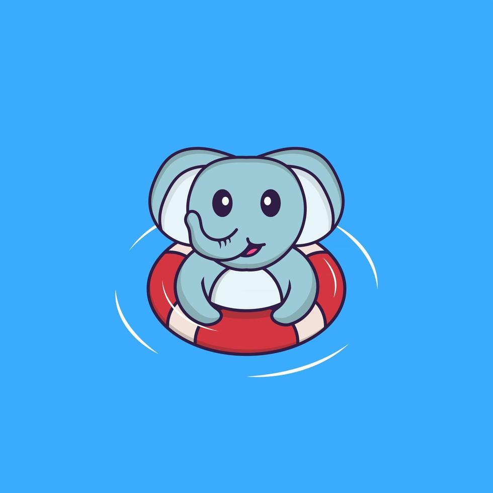 l'éléphant mignon nage avec une bouée. concept de dessin animé animal isolé. peut être utilisé pour un t-shirt, une carte de voeux, une carte d'invitation ou une mascotte. style cartoon plat vecteur