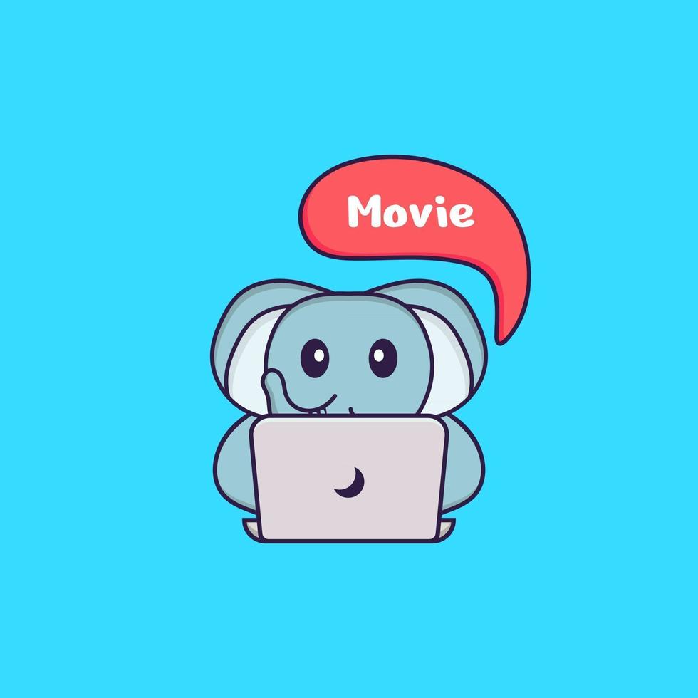 l'éléphant mignon regarde un film. concept de dessin animé animal isolé. peut être utilisé pour un t-shirt, une carte de voeux, une carte d'invitation ou une mascotte. style cartoon plat vecteur