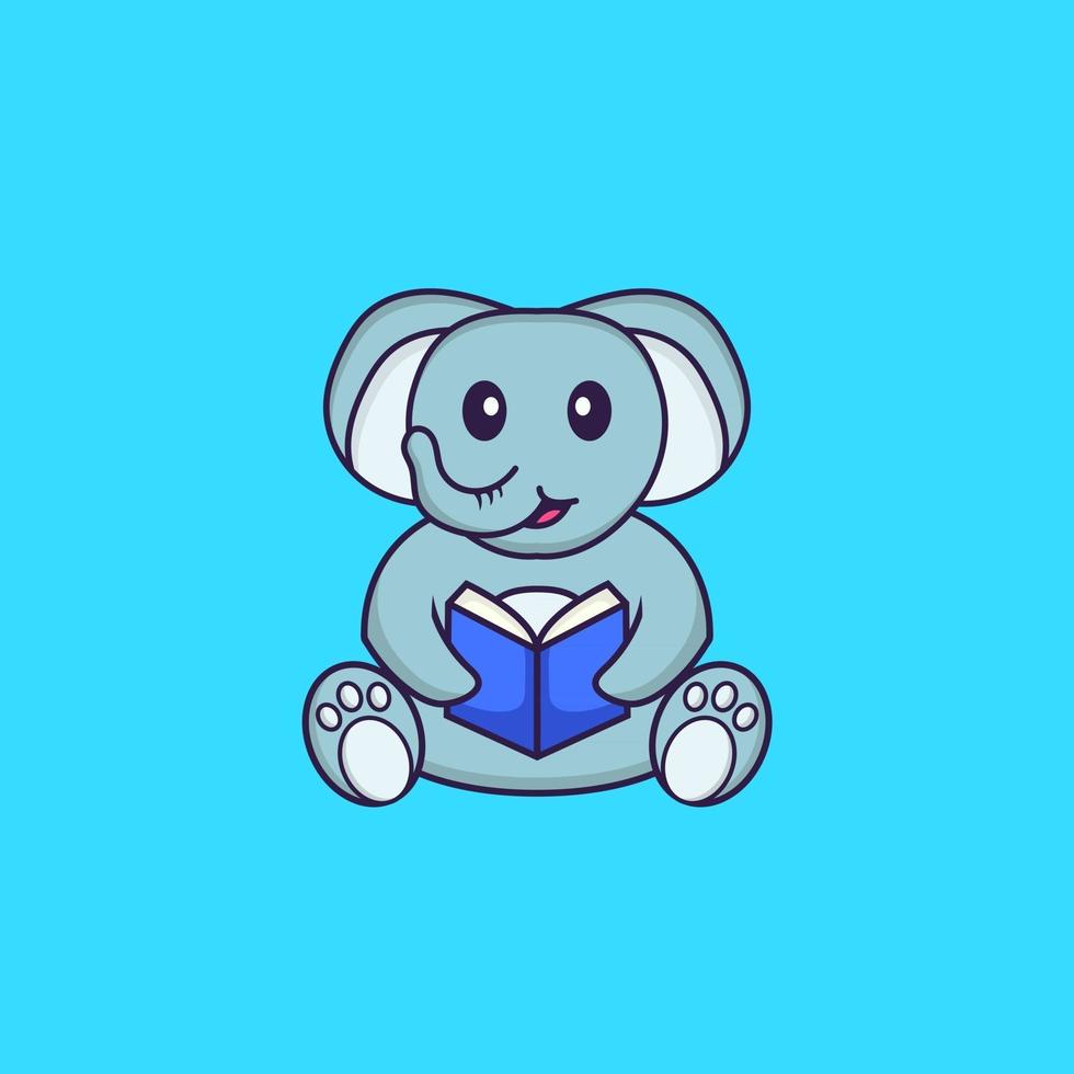 éléphant mignon lisant un livre. concept de dessin animé animal isolé. peut être utilisé pour un t-shirt, une carte de voeux, une carte d'invitation ou une mascotte. style cartoon plat vecteur