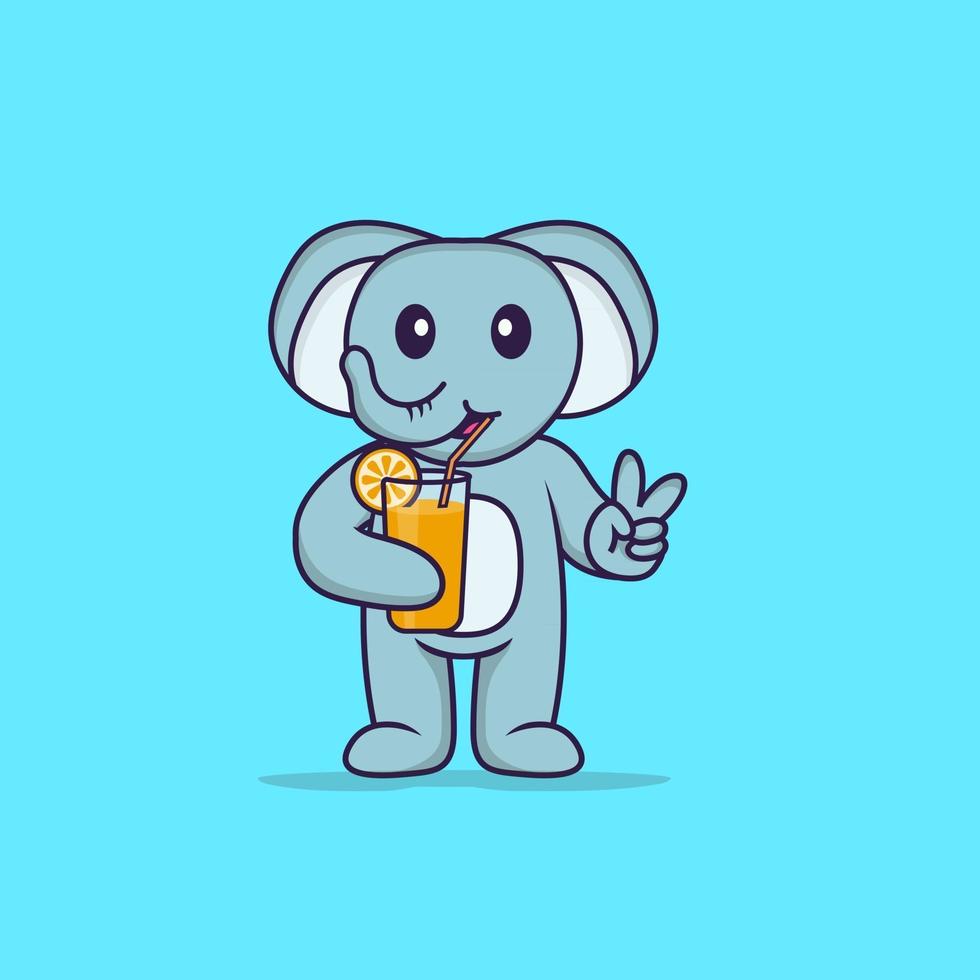 éléphant mignon tenant du jus d'orange en verre. concept de dessin animé animal isolé. peut être utilisé pour un t-shirt, une carte de voeux, une carte d'invitation ou une mascotte. style cartoon plat vecteur