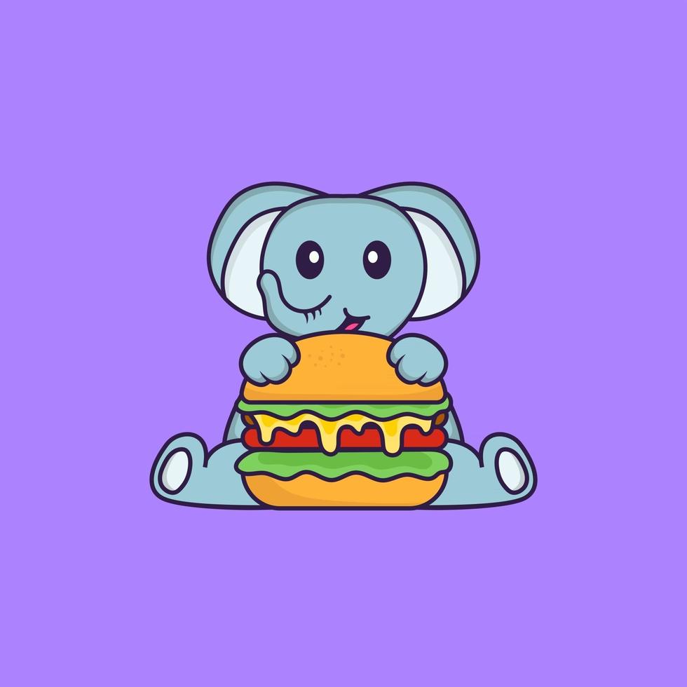 éléphant mignon mangeant un hamburger. concept de dessin animé animal isolé. peut être utilisé pour un t-shirt, une carte de voeux, une carte d'invitation ou une mascotte. style cartoon plat vecteur