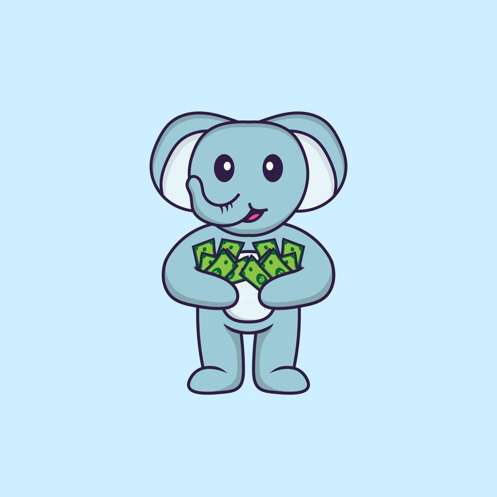 éléphant mignon tenant de l'argent. concept de dessin animé animal isolé. peut être utilisé pour un t-shirt, une carte de voeux, une carte d'invitation ou une mascotte. style cartoon plat vecteur