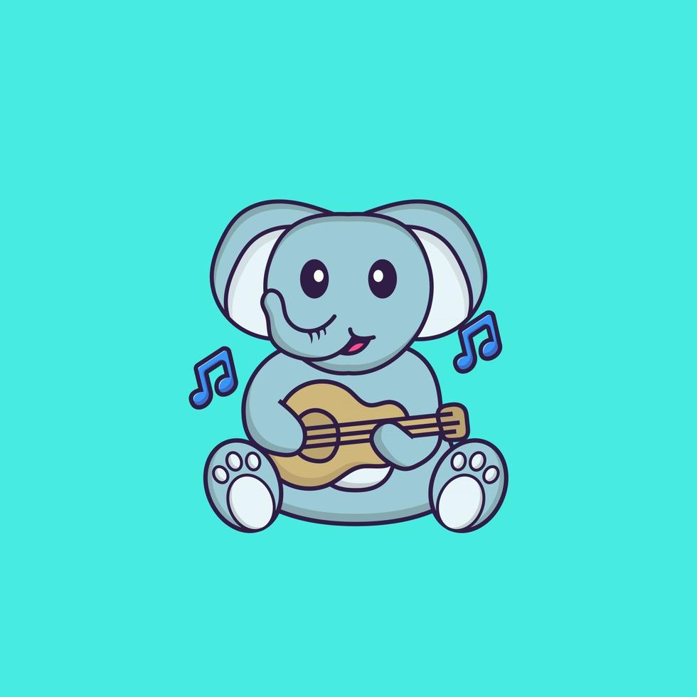 éléphant mignon jouant de la guitare. concept de dessin animé animal isolé. peut être utilisé pour un t-shirt, une carte de voeux, une carte d'invitation ou une mascotte. style cartoon plat vecteur