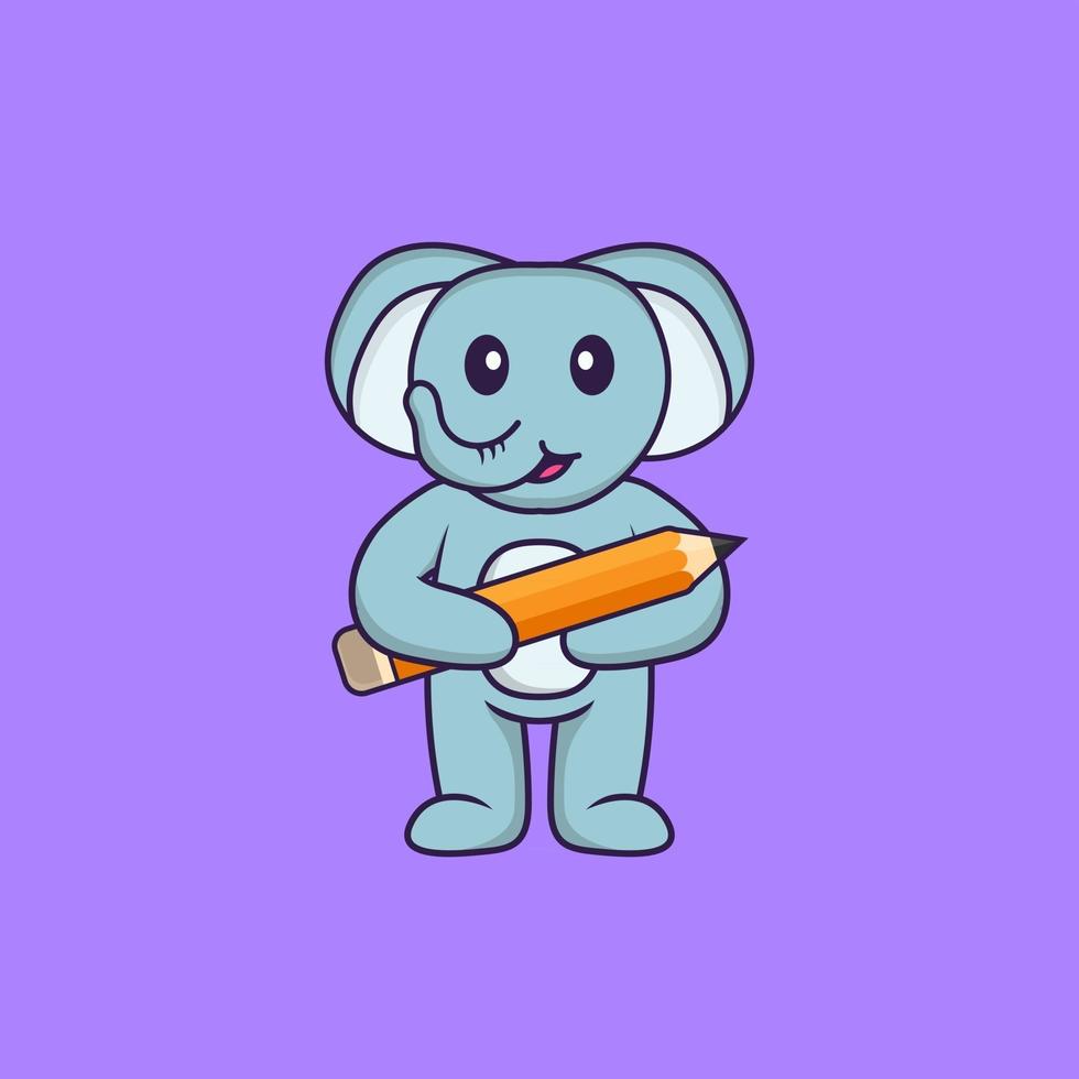 éléphant mignon tenant un crayon. concept de dessin animé animal isolé. peut être utilisé pour un t-shirt, une carte de voeux, une carte d'invitation ou une mascotte. style cartoon plat vecteur