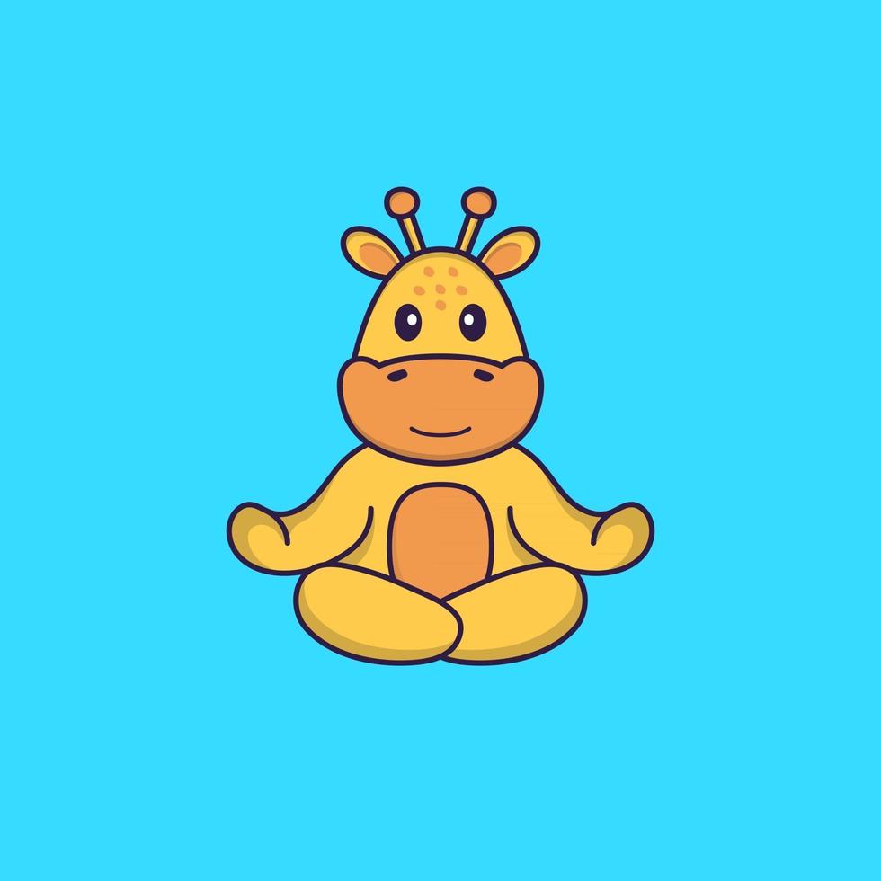 la girafe mignonne médite ou fait du yoga. concept de dessin animé animal isolé. peut être utilisé pour un t-shirt, une carte de voeux, une carte d'invitation ou une mascotte. style cartoon plat vecteur