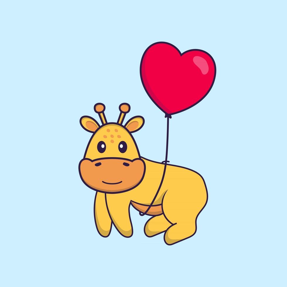 jolie girafe volant avec des ballons en forme d'amour. concept de dessin animé animal isolé. peut être utilisé pour un t-shirt, une carte de voeux, une carte d'invitation ou une mascotte. style cartoon plat vecteur