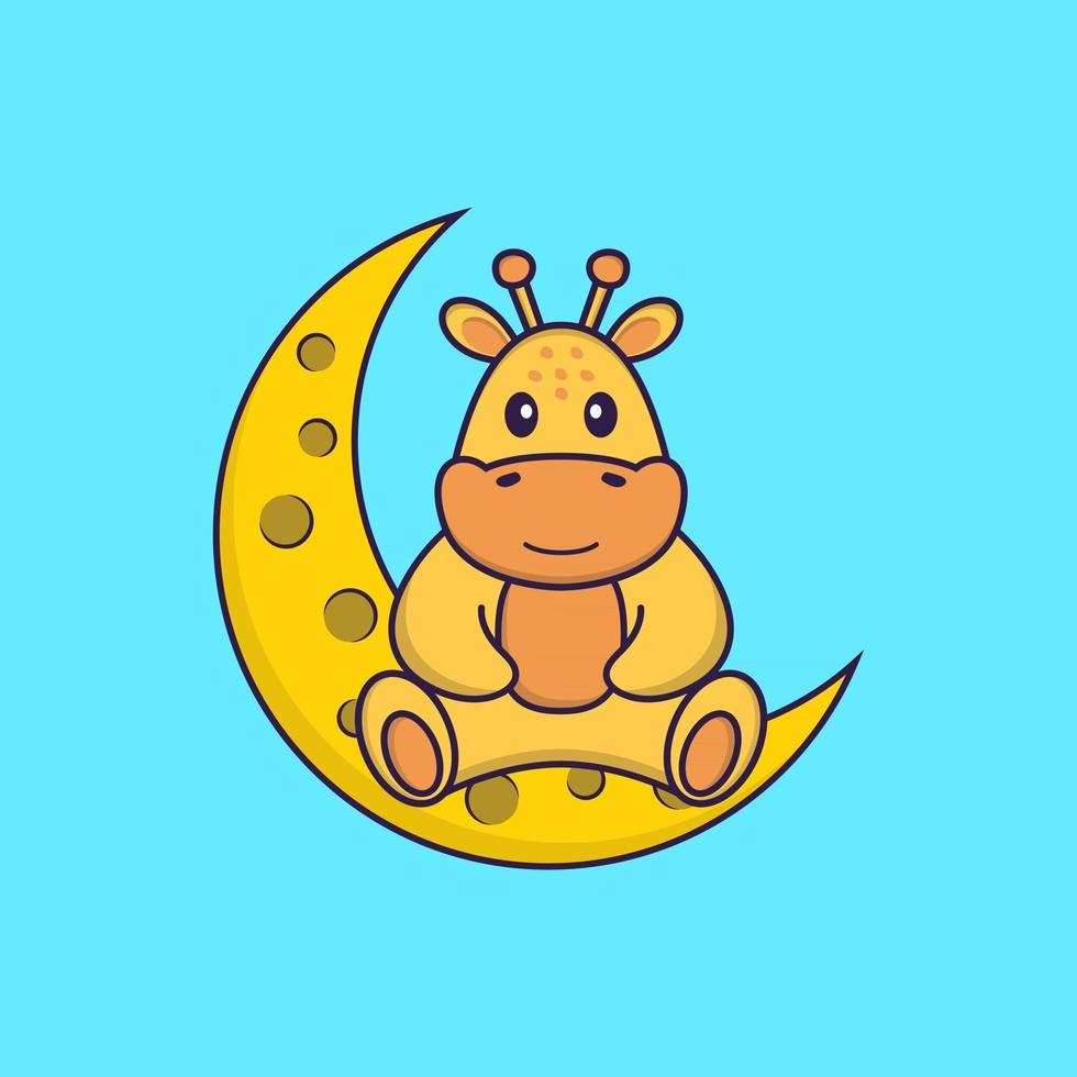 la girafe mignonne est assise sur la lune. concept de dessin animé animal isolé. peut être utilisé pour un t-shirt, une carte de voeux, une carte d'invitation ou une mascotte. style cartoon plat vecteur