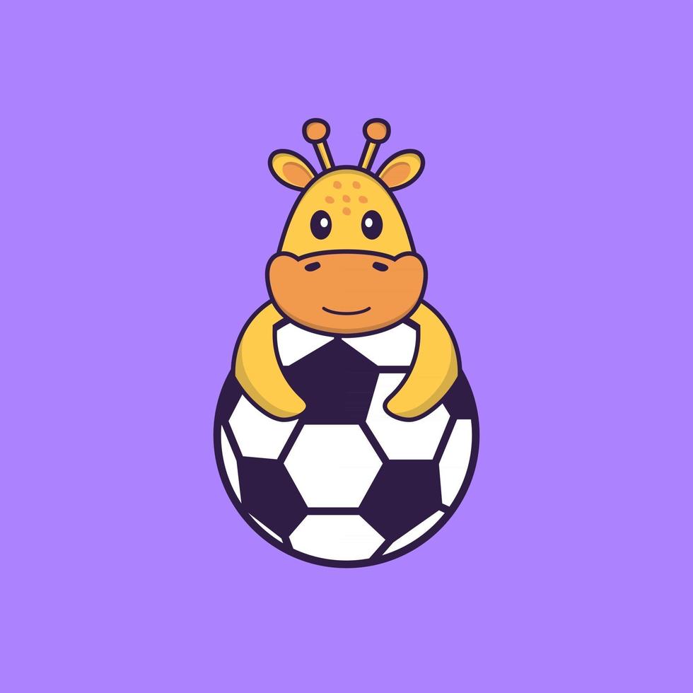 girafe mignonne jouant au football. concept de dessin animé animal isolé. peut être utilisé pour un t-shirt, une carte de voeux, une carte d'invitation ou une mascotte. style cartoon plat vecteur