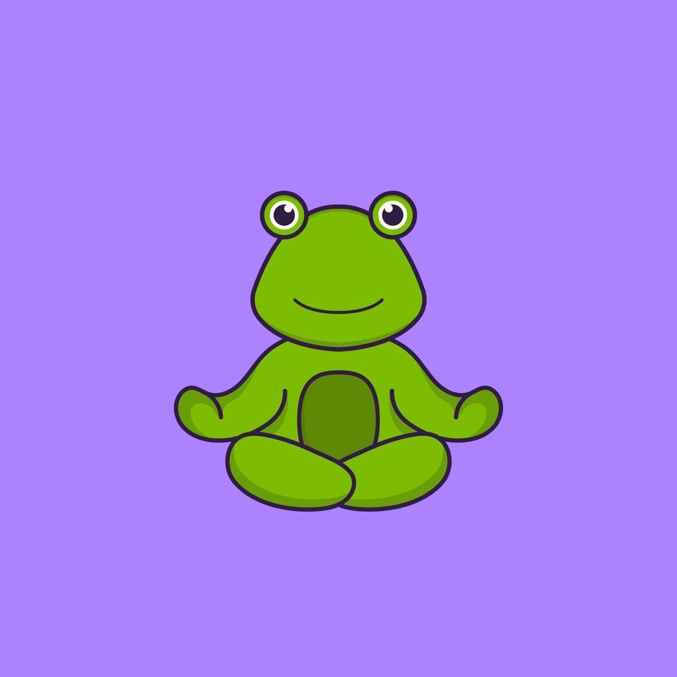 la grenouille mignonne médite ou fait du yoga. concept de dessin animé animal isolé. peut être utilisé pour un t-shirt, une carte de voeux, une carte d'invitation ou une mascotte. style cartoon plat vecteur