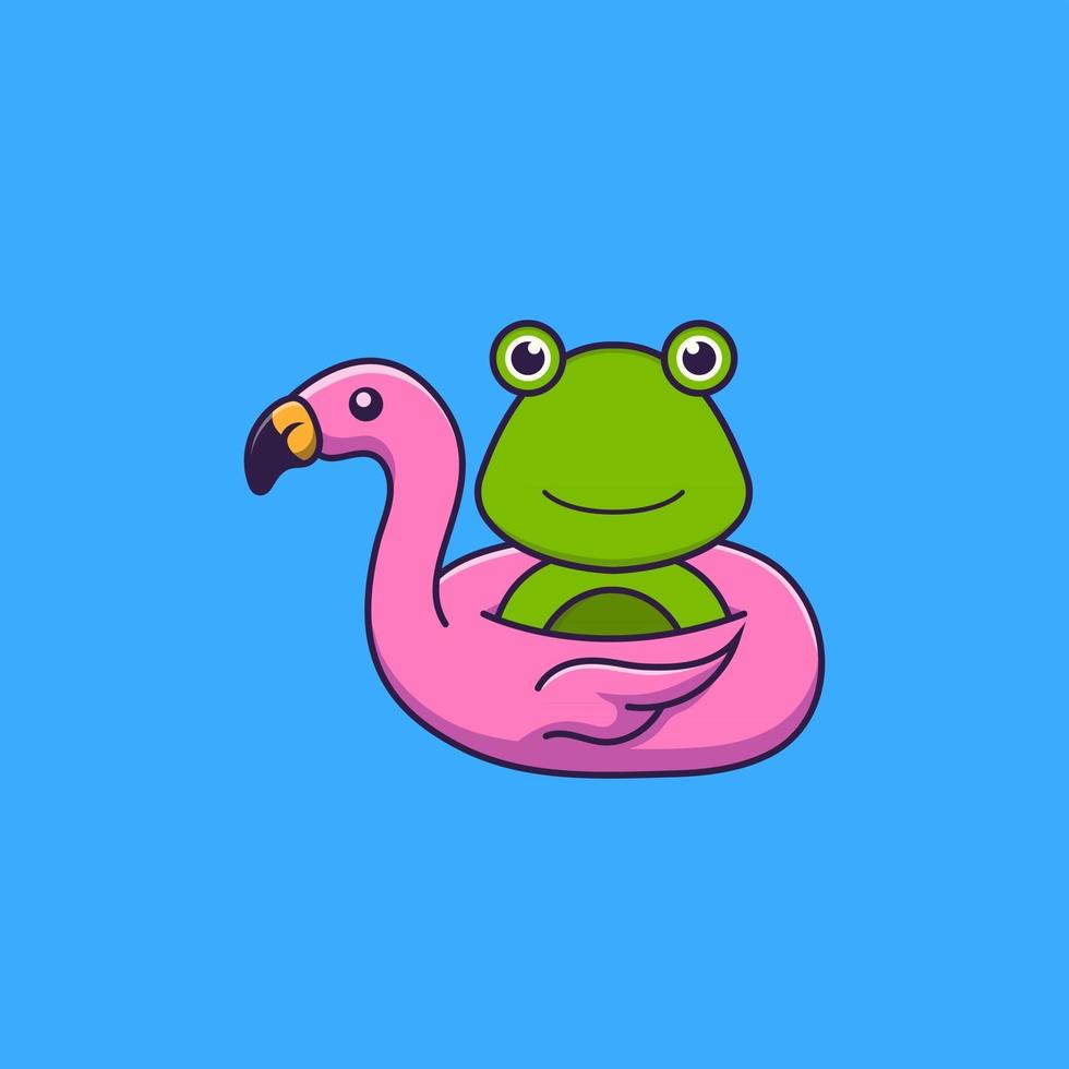 grenouille mignonne avec bouée flamant rose. concept de dessin animé animal isolé. peut être utilisé pour un t-shirt, une carte de voeux, une carte d'invitation ou une mascotte. style cartoon plat vecteur