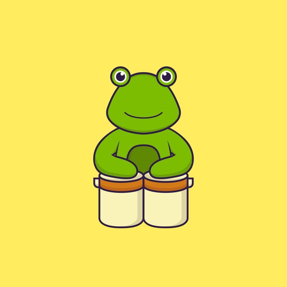 grenouille mignonne joue de la batterie. concept de dessin animé animal isolé. peut être utilisé pour un t-shirt, une carte de voeux, une carte d'invitation ou une mascotte. style cartoon plat vecteur